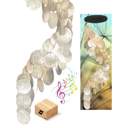 Bellaa 24537 Wind Chimes Outdoor, Garden Decorations, Musical, Indoor/Outside Windchimes, Beach, Ocean Breeze, Gifts for Mom, Gift for All Occasions, Capiz Sea Glass Shells Wood 27 inch White Gold - color: Q Gold