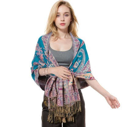 MUQU Women Pashmina Shawls and Wraps Scarf Soft Silky Reversible Paisley Scarves Shawl for Women - color: Blue-b