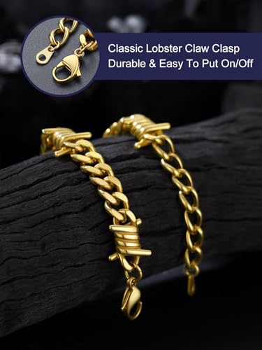 Bandmax Barbed Wire Chain Bracelets for Men Women Stainless Steel/Black/Gold Thorn Cuban Link Bracelet Adjustable Punk Emo Style Jewelry Gift - color: 03 9MM-Gold Plated