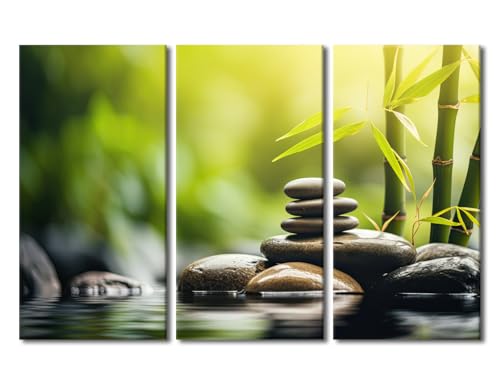 3 Panel Wall Art Zen Stones for Relaxation and Meditation in a Bamboo Grove Painting Print on Canvas for Home Decor Framed Ready to Hang 42"Wx 28"H
