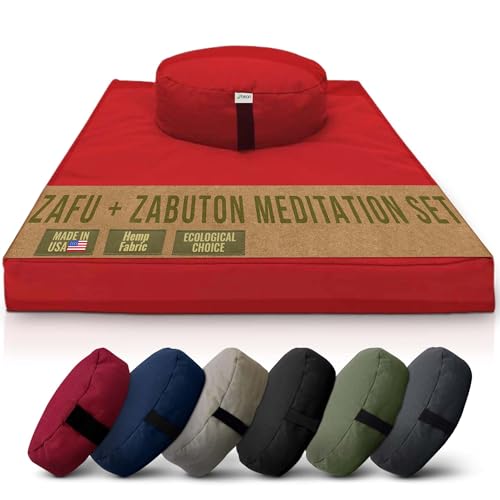 Meditation Cushion Mat Set HEMP- Large Oval Zafu Floor Pillow Organic Buckwheat Pillow + Cotton Filled HEMP Zabuton Prayer Pad - Meditation Pillow Yoga Knee Pad, Made in USA - 18" Oval, CRANBERRY Hemp - color: Cranberry - Hemp, size: Oval Combo