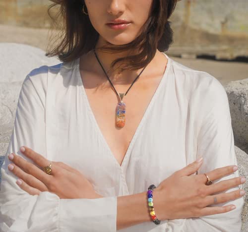 Necklace Pendant & Lava Rock Bracelet, for Women/Men (Set) - color: Rainbow-rectangle