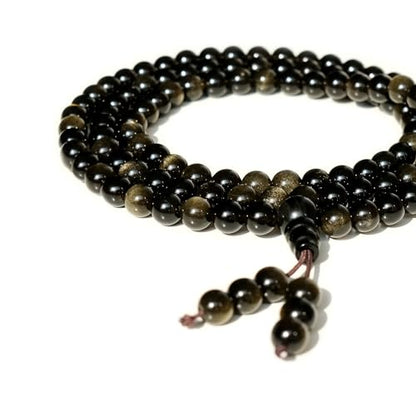 Tibetan Natural Black Obsidian Mala Beads 108, Buddhist Prayer Beads Japamala, Protection Crystal Beaded Tourmaline Bracelets, Meditation Golden Sheen Gemstone Necklace for Women Men - size: 8mm