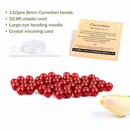AD Beads 8mm Natural Round Loose Beads 110 Pieces, for Making 108 Mala Prayer Beads Necklace, Bracelet & Yoga Meditation, Jewelry Design (Carnelian) - color: Carnelian, size: 8mm-110pcs