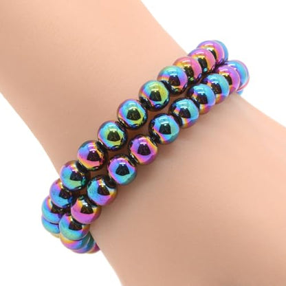 Justinstones Gem Semi Precious Gemstone 8mm Round Beads Stretch Bracelet 7 Inch Unisex - color: Metallic Rainbow Coated Hematite