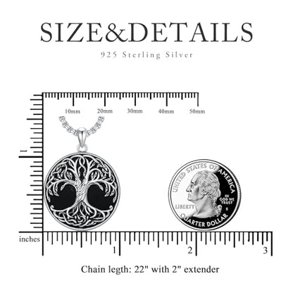 Tree of Life Necklace 925 Sterling Silver Round Tree of Life Pendant Jewelry for Men Women, w/Stainless Steel Chain 22''+2'' - style: A06-Obsidian