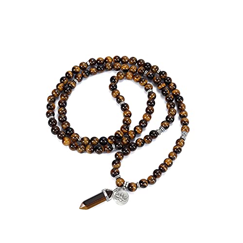 Jovivi 108 Mala Beads Bracelet 8mm Natural Amethyst Rose Quartz Healing Crystal Stone Mala Prayer Bead Necklace Hexagonal Prism Gemstone Reiki Pointed Pendant for Yoga Meditation Energy Balancing - color: Tiger Eye Crystal
