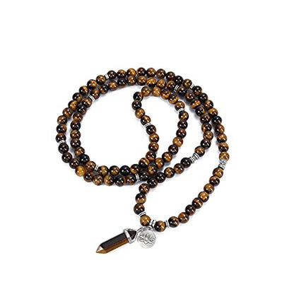 Jovivi 108 Mala Beads Bracelet 8mm Natural Amethyst Rose Quartz Healing Crystal Stone Mala Prayer Bead Necklace Hexagonal Prism Gemstone Reiki Pointed Pendant for Yoga Meditation Energy Balancing - color: Tiger Eye Crystal