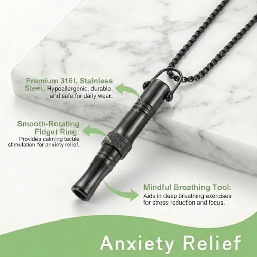 Breathing Easy Necklace, Mindfulness Breathing Stainless Steel Pendant for Stress Relief, Anxiety Management & Smoking Cessation Aid, Intricate Engraving for Men Women - color: Cylindrical Rotating Fidget Ring-Black
