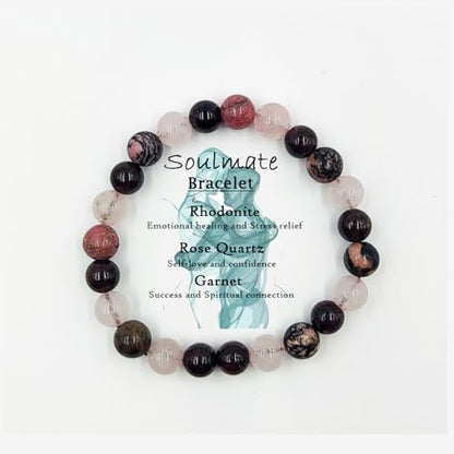 Gifts for Women, Healing Crystal Bracelet for Women, 8 mm Natural Gemstone Beaded Bracelet, Good Luck Bracelet Jewellery Gifts for Birthday, Women's Day, Wedding Anniversary - color: Natural Rhodonite, Rose Quartz & Garnet
