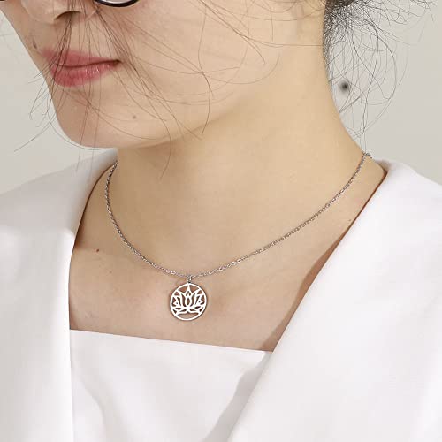 TEAMER Lotus Necklace Stainless Steel Flower of Life Necklace Yoga Meditation Pendant Inspirational Jewelry For Women - color: Style 4 - Silver
