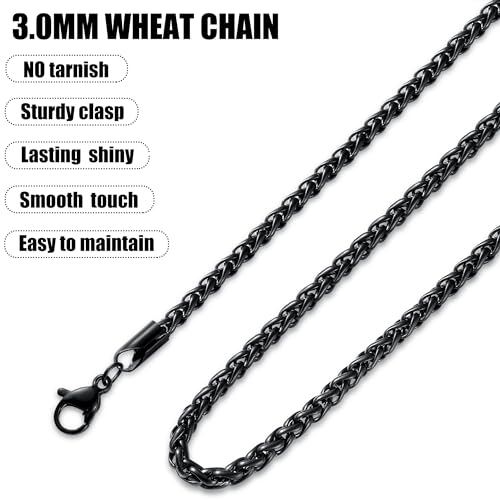 Fiusem Black Wheat Chains for Men and Women, 2/2.5/3/4/5mm Stainless Steel Necklace Chain, Mens Necklace Jewelry Gift 16-28 Inch - size: 20 Inches, style: Black 3MM