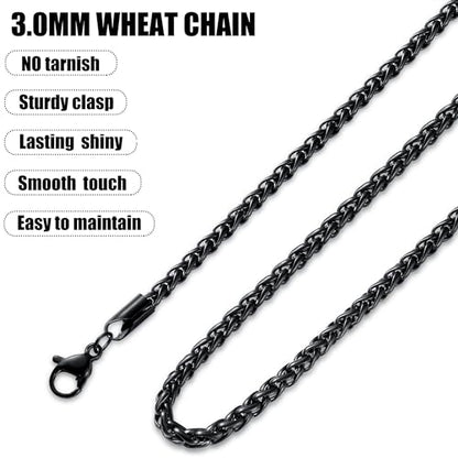Fiusem Black Wheat Chains for Men and Women, 2/2.5/3/4/5mm Stainless Steel Necklace Chain, Mens Necklace Jewelry Gift 16-28 Inch - size: 20 Inches, style: Black 3MM