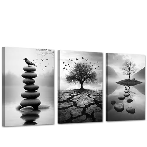 CCWACPP Zen Wall Art 3 PCS Bathroom Wall Decor Zen Stone Pictures Abstract Tree Painting Meditation Canvas Prints Yoga Room Office Decor Framed (11x14inchx3Pcs) - color: Black, size: 11x14inchx3Pcs