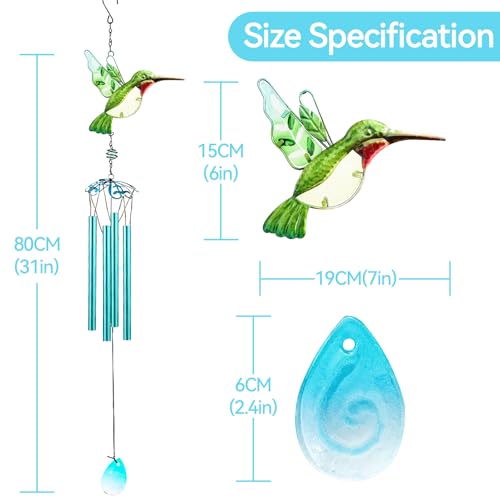 Green Hummingbird Wind Chimes, Wind Chimes for Outdoor, 26" Glass Painted Mobile Romantic Chimes, Patio, Balcony, Garden Decoration, Gifts for Mom & Women