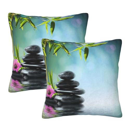 Teal Decorative Throw Pillow Cover Asian Zen Stone, Pillow Covers 18"x 18" Set of 2 Meditation Japanese Bamboo Pattern Spa Room Decor for Living Room Couch Cushion Bed Indoor Home Decor