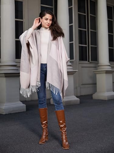MissShorthair Women's Printed Shawl Wrap Fashionable Open Front Poncho Cape, Gift for Women - color: T-grey Pink White