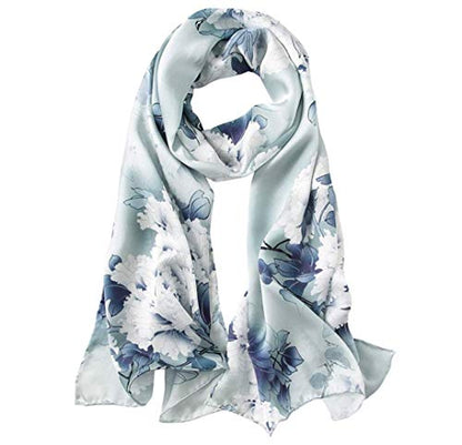 100% Mulberry Silk Long Scarf for Women Large Shawls for Headscarf and Neck- Oblong Hair Wraps with Gift Packed - color: Dusty Blue Peony