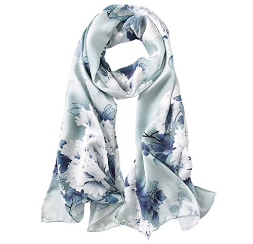 100% Mulberry Silk Long Scarf for Women Large Shawls for Headscarf and Neck- Oblong Hair Wraps with Gift Packed - color: Dusty Blue Peony