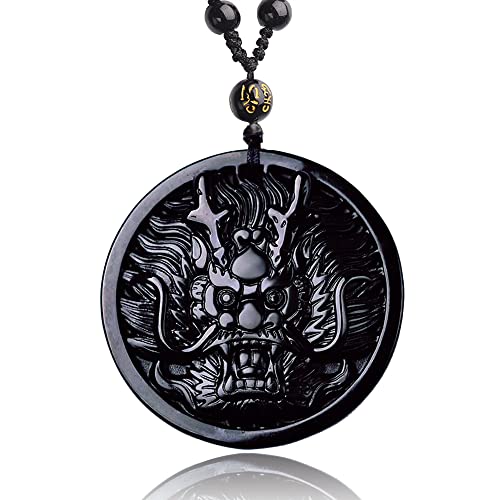 Black Obsidian Necklace Natural Crystal Amulet Protection Pendant with Adjustable Rope Lucky Talisman Necklaces Jewelry Gift for Men Women - color: Dragon B
