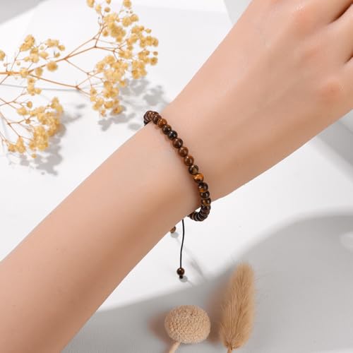 Adjustable Natural Small Gemstone Beaded Bracelet Gravel Beads Crystal Healing Bracelet for Women Reiki Spiritual Jewelry Gifts - color: Tiger Eyes, size: Round Beads