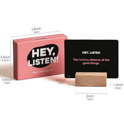 Hey Listen Affirmation Cards, 53 Daily Positive Motivational Cards with Wooden Stand, Boost Confidence, Achieve Goals, Mindfulness Inspirational Meditation Cards, Self-Care, Funny Gifts
