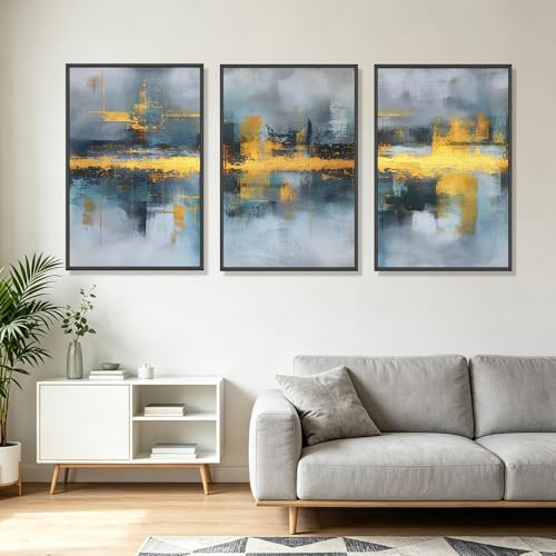 Blue and Gold Abstract Landscape Large Wall Art Set of 3, Modern Framed Canvas Painting 24x36 Inch, Luxury Wall Decor for Living Room Bedroom Office, Metal Frame Ready to Hang - color: Metallic Waterscapes, size: 36"L X 24"W