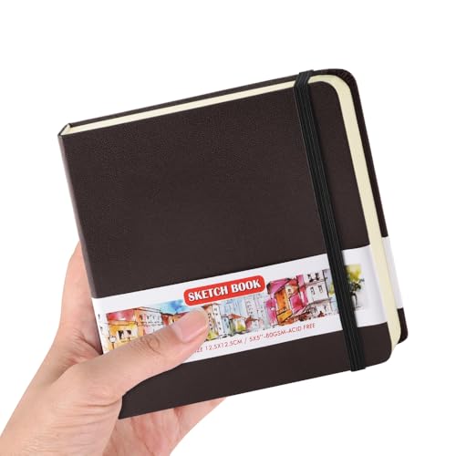 E-WEICHEN Square 5x5 inches 80gsm 96sheets/192 Pages Notebooks Blank Sketchbooks Travel Journal Pocket Hardcover Paint Writing Diary Memo Planner PU Leather Cover. Dark Brown - color: PU Cover-5x5in-Dark Brown