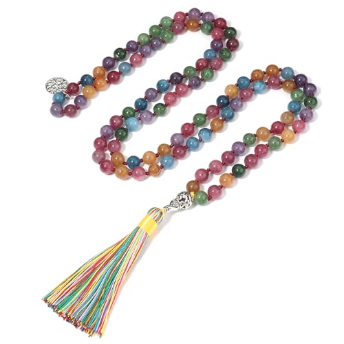 108 Mala Beads Necklace Semi-Precious Gem Stones Meditation Necklace 108 Hand Knotted Japa Mala Beaded Tassel Necklace with Tree of Life Pendant - color: Tourmaline