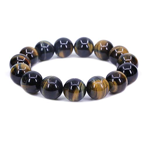 Keleny Natural Gem Semi Precious Gemstones 14mm Round Beads Crystal Stretch Bracelets 7 Inch Unisex - color: Golden Blue Tigers Eye Quartzite