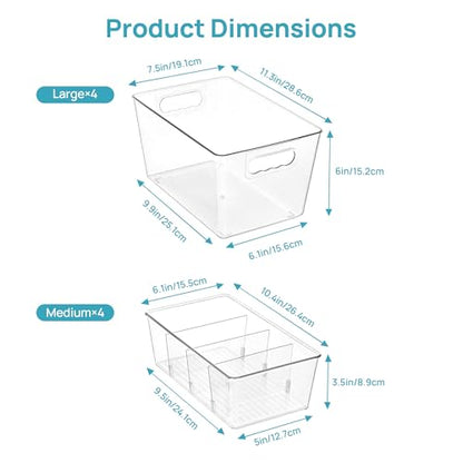 Vtopmart 4+4 Pack Clear Plastic Storage Bins Set, 4 Large Pantry Organizer Bins with Handle and 4 Medium 4-Compartment Food Storage Bins for Pantry, Kitchen, Fridge, Cabinet Organization - style: 4 Larger+4 Medium