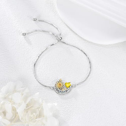 925 Sterling Silver Moon and Sun Star Adjustable Link Bracelet for Women with 12 Month Birthstone Birthday Jewelry - style: 11 - Nov.
