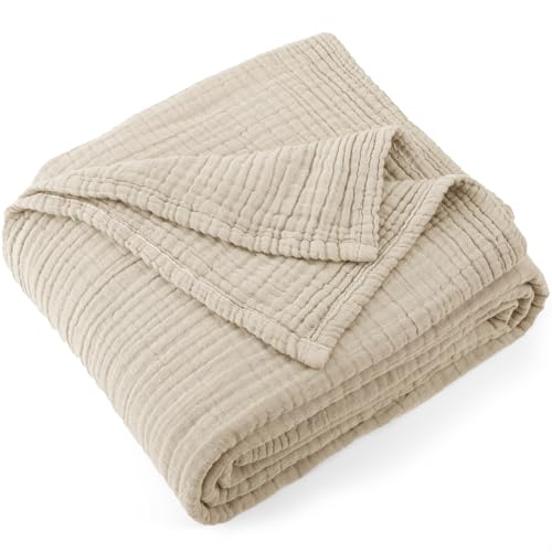 Carriediosa 100% Cotton Muslin Throw Blanket 90" X 90" Queen Size，4-Layers Summer Gauze Throws for Bed Couch，Soft Lightweight Breathable Linen Blankets Bedspread for Adults All Season，Khaki - color: Khaki, size: Queen