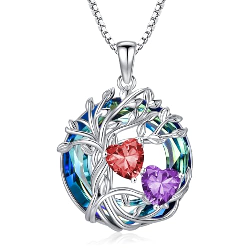 TOUPOP s925 Sterling Silver Family Celtic Tree of Life Pendant Necklaces with 2 Heart Birthstone with Blue Austrian Crystal Jewelry Birthday Valentines Day Gifts for Her, Anniversary Christmas Gifts for Wife Girlfriend Mom (18K Real White Gold Filled) - c
