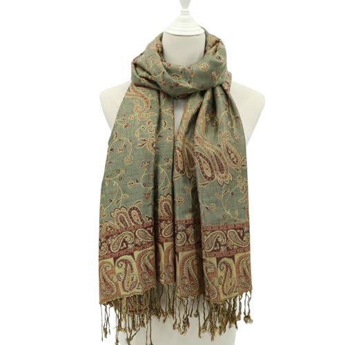 Ciormis Two Tone Silky Paisley Pashmina Shawl Scarf,Soft Women's Rave Jacquard Pashminas Wrap Scarves - color: Style1 -Olive Green Paisley