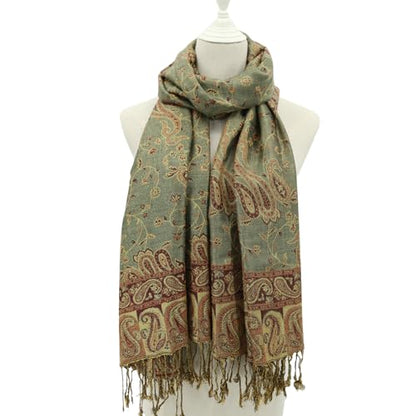 Ciormis Two Tone Silky Paisley Pashmina Shawl Scarf,Soft Women's Rave Jacquard Pashminas Wrap Scarves - color: Style1 -Olive Green Paisley