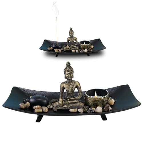 Zen Garden Set Buddha Statue, Tealight Candle Holder, Rocks & Incense Burner Holder & Wood Tray for Meditation, Office, Yoga Decor, Spiritual Decoration