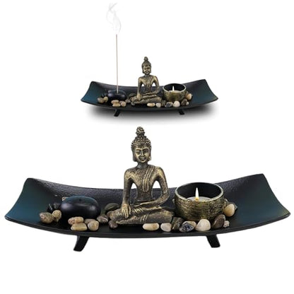 Zen Garden Set Buddha Statue, Tealight Candle Holder, Rocks & Incense Burner Holder & Wood Tray for Meditation, Office, Yoga Decor, Spiritual Decoration