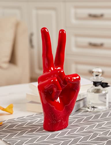 Victory Gesture Hand Statue Sculpture Modern Home Decor Table Centerpiece Art Figurine Gift for Bookshelf Desktop Office Red 11 Inch