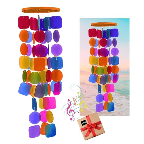 Bellaa Handmade Wind Chimes Outdoor, Musical, Garden Decorations, Beach, Ocean, Breeze, Gifts for Mom, Outside Windchimes, 63pcs, Capiz, Shells, Sea, Glass, Wood 1 Rainbow - color: 1 Rainbow