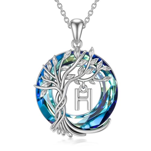 TOUPOP Gifts for Women Tree of Life Initial Necklace 925 Sterling Silver Letter Pendant with Blue Crystal Birthday Jewelry Gifts for Women Her Mom Wife Daughter - color: Tree of Life H Initial