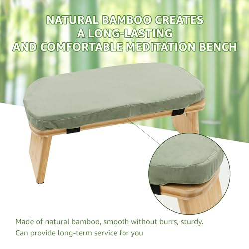 Folding Meditation Bench, Bamboo Kneeling Stool with Cushion, Portable Meditation Chair, Yoga Stool, Yoga Bench, Zen Practice, Comfortable Kneeling Chair, 16.9x7.5x7.1in (Green)