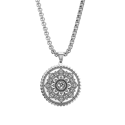 Mandala Om Aum Ohm Men's Necklace Sanskrit Symbol Om Aum Ohm Spiritual Amulet Indian Lotus Mandala Yoga Pendant Religious Jewelry Men - color: Mandala silver