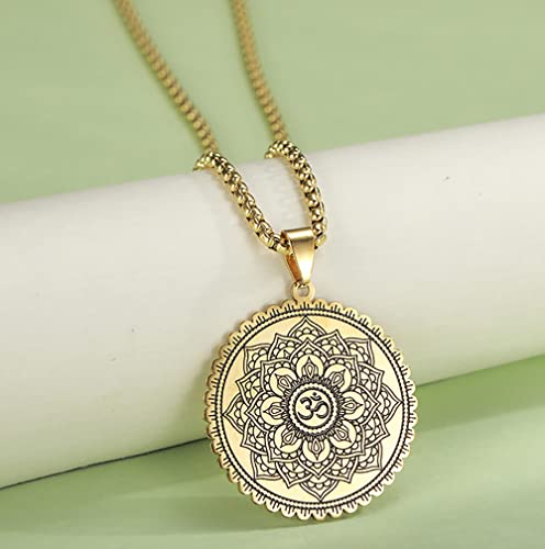 Om Symbol Lotus Necklace For Men Women Stainless Steel Chakra Meditation Necklace Lotus Om Symbol Pendant Necklace Viking Jewelry Healing Gift - color: gold