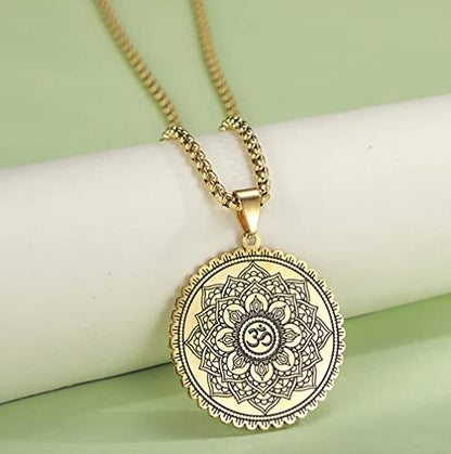 Om Symbol Lotus Necklace For Men Women Stainless Steel Chakra Meditation Necklace Lotus Om Symbol Pendant Necklace Viking Jewelry Healing Gift - color: gold