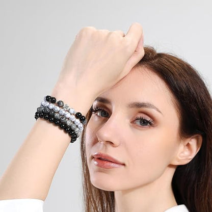 Fengling 4 PCS Beaded Crystal Bracelet for Women 8mm Natural Gemstones Handmade Bracelet for Girls Healing Stretch Bracelets Crystal Jewelry for Women Gifts - color: Map stone&Black pure obsidian &White turquoise