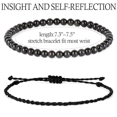 QOGIR 2pcs Handmade Healing Bracelet, Natural Gem Stone Crystal Elastic Bracelet - color: Black Obsidian(Self - Reflection), size: 4mm