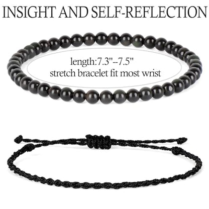 QOGIR 2pcs Handmade Healing Bracelet, Natural Gem Stone Crystal Elastic Bracelet - color: Black Obsidian(Self - Reflection), size: 4mm