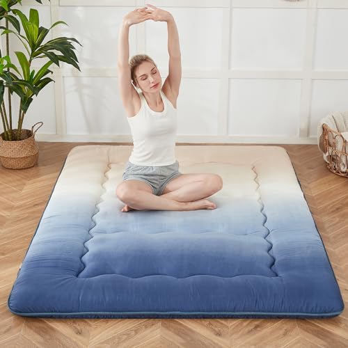 Zelladorra Japanese Floor Mattress, Futon Mattress with Portable Storage Bag and Washable Cover, Roll Up Thick Tatami Mat Suitable for Camping, Guest Room (Coastal Gradient, Full) - color: Coastal Gradient ( 4"th + Dust Cover ）, size: Full (80"L x 54"W)