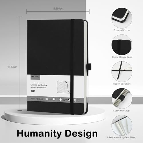 ONAVIA A5 Lined Journal Notebook, Hardcover Leather Medium 5.5 x 8.3 inch, 160 Pages 100 GSM Thick Paper, College Ruled Journaling Notepad for Work, School, College, Note Taking, Diary, Black - color: Black, style: 1 Pack